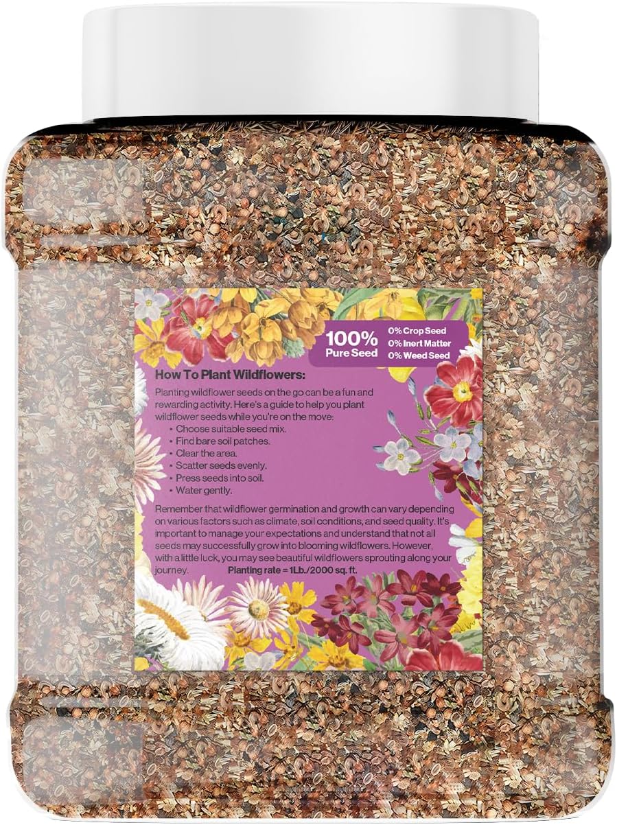 Bulk Wildflower Seed - Bird & Butterfly Garden Seed Mix | Bulk 300,000+ Annual & Perennial Flower Seeds for Planting - Attracts Hummingbirds & Butterfly | No Messy Bags or Packets | Bulk 1 Pound Jar