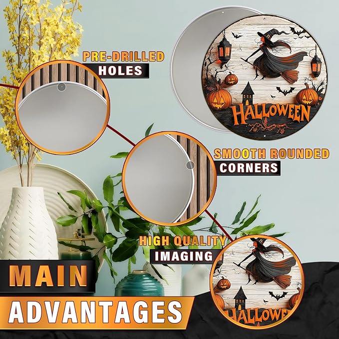 PEACHGARDEN Round Happy Halloween Witch Vintage Sign Pumpkin Metal Tin Sign for Home Bar Kitchen Hotel Dining Room Coffee 8x8inch
