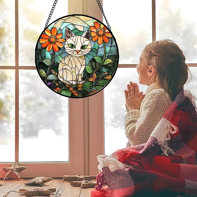 Stained Glass Window Hanging - White Cat Green Plants Orange Flowers Sun Catcher for Door Garden Home Decor Suncatcher Christmas Mother's Day Birthday Gifts for Women Men Mom Nana 7.8 in