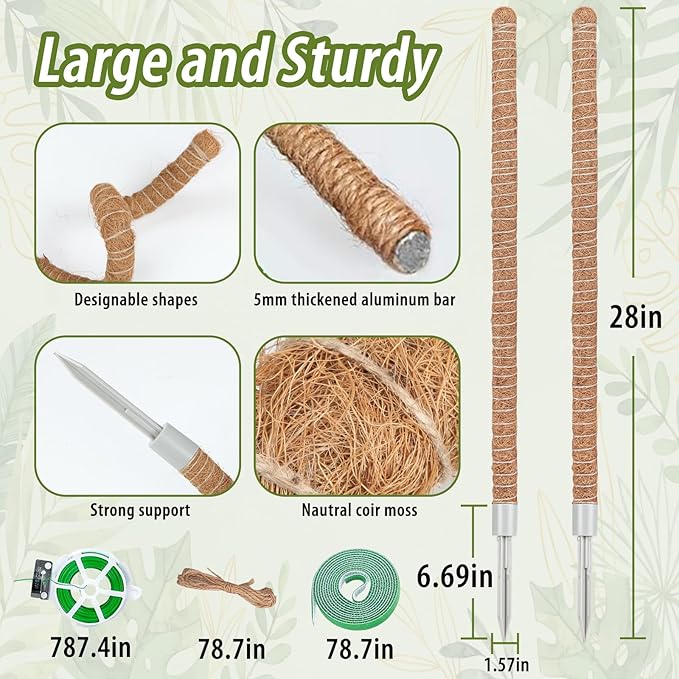 2 Pack Moss Pole, 28 Inch Monstera Plant Support, Moss Poles for Climbing Indoor Plants, Handmade Coco Coir Plant Support Stakes for Potted Plants, Pothos, Philodendron