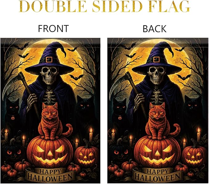 Halloween Garden Flag Witch Skeleton Cat Pumpkin Flag 12x18 Inch Double Sided Outdoor Yard Banner for Trick or Treat Haunted House Halloween Decoration Decor