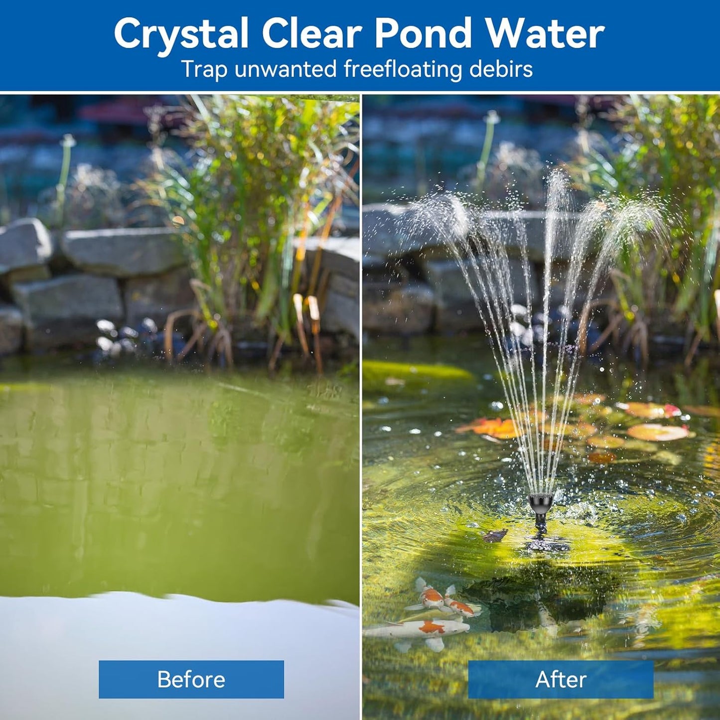 Antfraer Solar Fountain Pump with Pond Filter Kit, 55W Solar Water Pump with Pond Filter Box for Outdoor Pond Garden Fountain Waterfall Water Feature(17FT+10FT Power Cord）