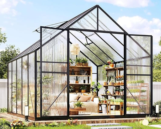 Jocisland 8x10x7 FT Polycarbonate Greenhouses for Outdoors, 2 Top-Opening Windows, 2 Swing Doors, Aluminum Walk-in Heavy Duty for Outdoor Use, Backyard Garden, Black