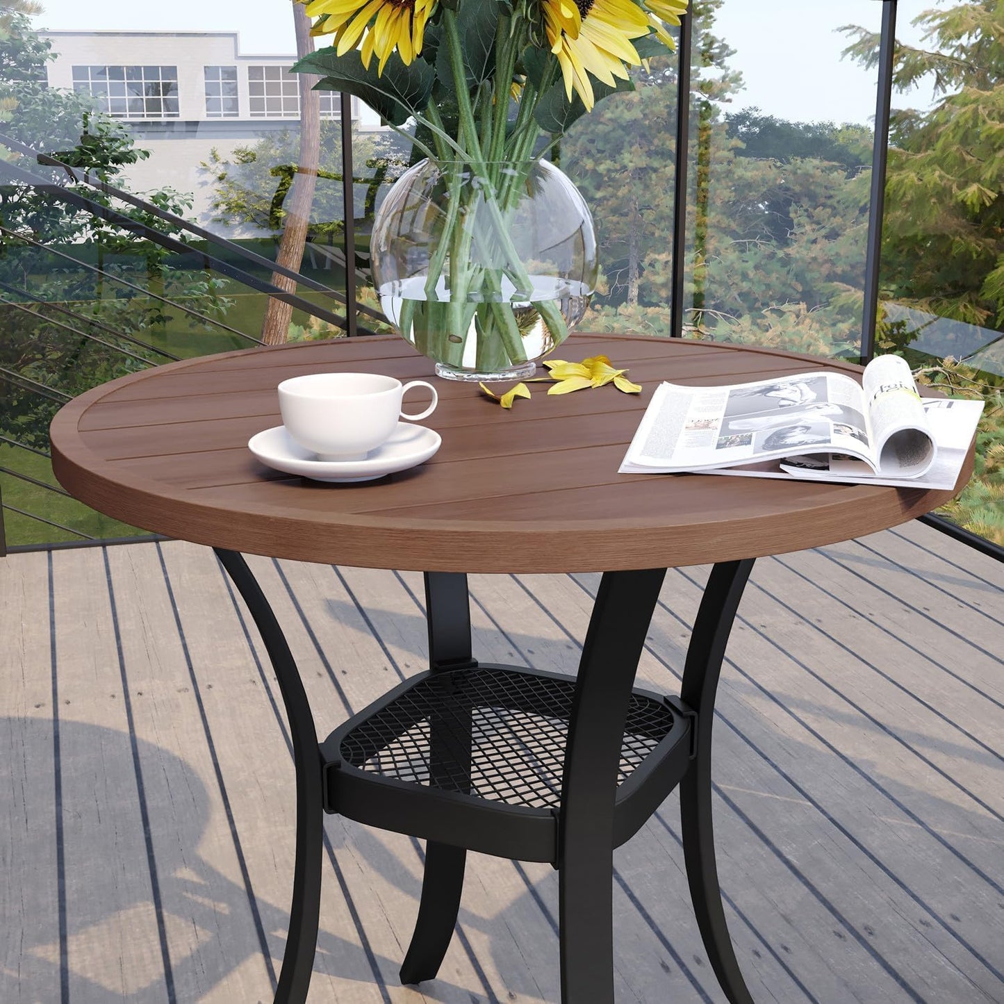 VICLLAX 27.5" Outdoor Round Patio Table for Lawn Garden, All Weather Metal Round Patio Dining Table with Storage Shelf, 2 Person Small Patio Table, Walnut Wood Grain