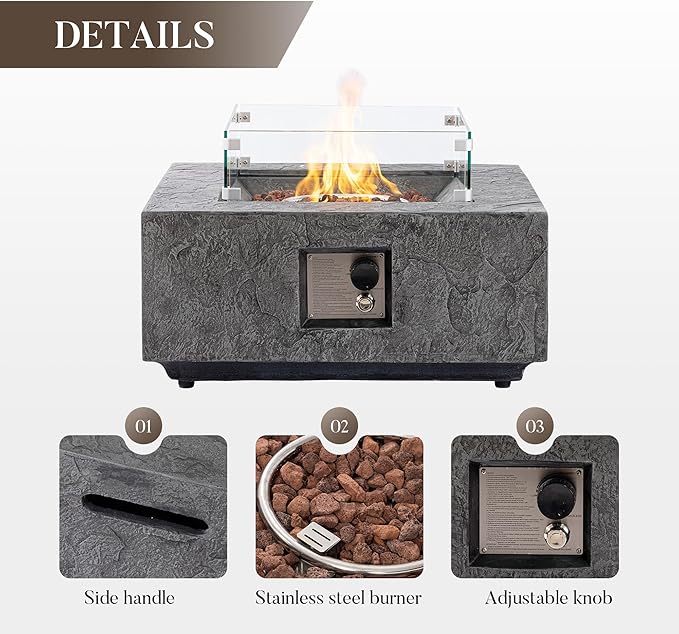 Cosiest Propane Fire Pit with Wind Guard&Tank Cover for Outside, 28 in Square Gas Fire Pits for Outdoor Patio, CSA Certified, 50000 BTU Concrete Rectangle Base with Rain Cover, Free Lava Rocks