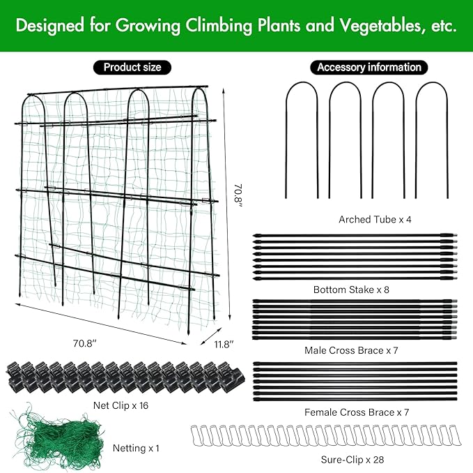 Cucumber Trellis for Raised Beds 70.8" L x 11.8" W x 70.8" H, Garden Trellis for Climbing Plants Outdoor, Black U-Shaped Large Metal+PE Coated Grow Support for Vines, Vegetables