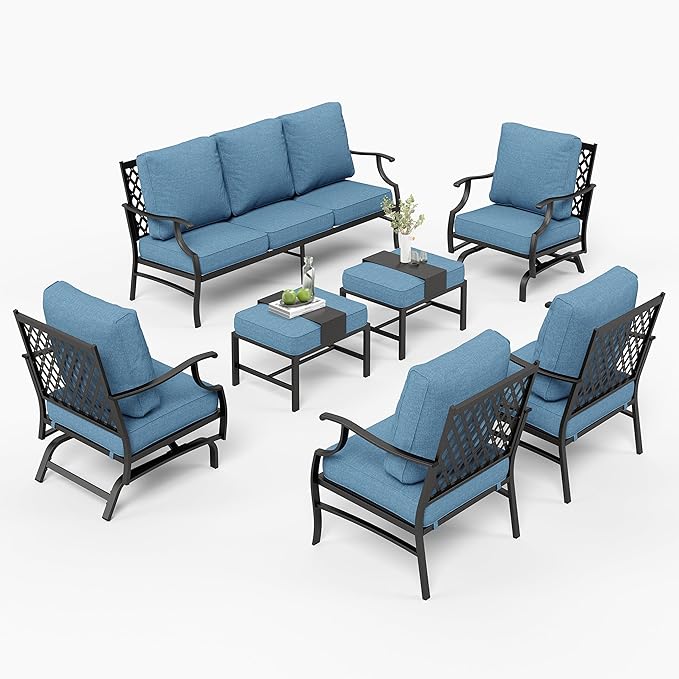 Patio Furniture Set 7 pcs, Outdoor Patio Furniture, 3-Seat Sofa, 2 Single Chairs, 2 Rocking Chairs, 2 Ottomans and 5.75" Extra Thick Cushion, Conversation Set for Deck,Navy Blue