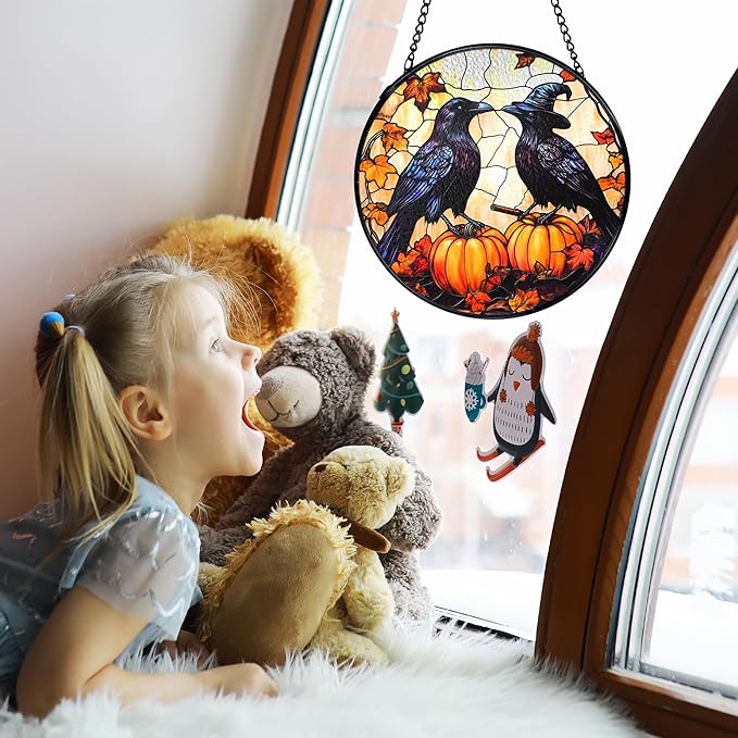 TNUW Halloween Fall Black Raven Stained Glass Window Hanging, Gothic Witchy Crow Pumpkin Sun Catchers Indoor Window Glass Round Wall Art Decor, Halloween Fall Wall Hanging Decorations, 7.9＂x7.9＂