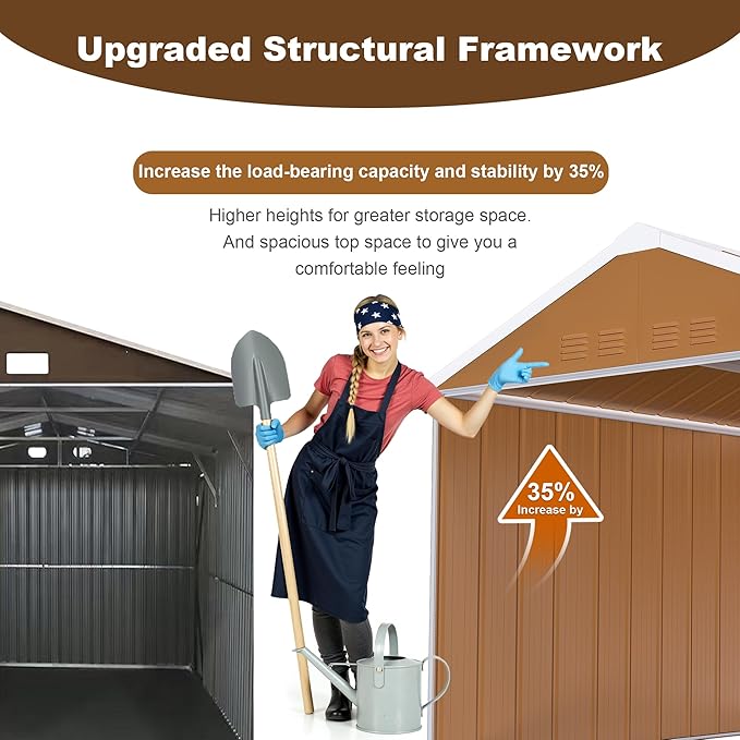 10x8 FT Outdoor Steel Storage Shed with Clear Windows, Sliding Lockable Door & Ventilation, Brown and White Weather-Resistant Metal Tool Shed for Garden, Backyard, Lawn, and Utility Storage