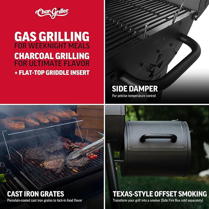 Char-Griller Flex Fuel Plus 3 in 1 Gas and Charcoal Grill Griddle and Smoker Combo 30000 BTUs Outdoor BBQ with Flat Top Griddle Insert Dual Fuel Backyard Grill Station, CG30281224