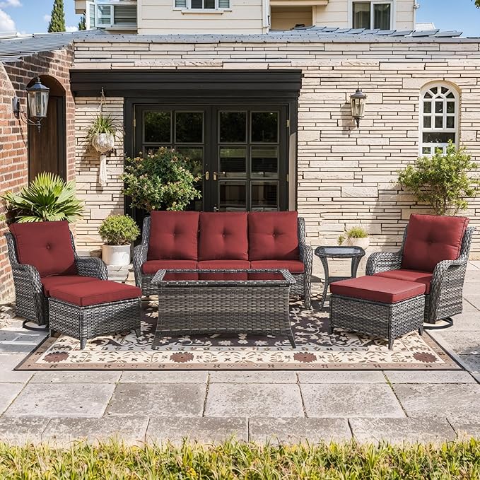 Wicker Rattan Patio Furniture Set - 7 Pieces Outdoor Couch with Swivel Chairs, Ottomans and Coffee Table for Deck, Poolside, Backyard - Grey/Red