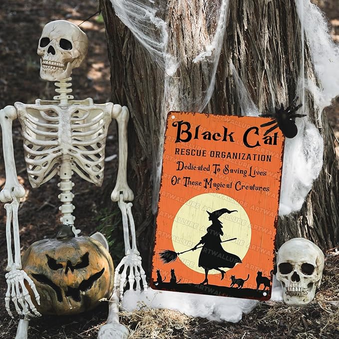 Black Cats Rescue Halloween Decor Vintage Metal Tin Sign Rustic Wall Art Gothic Home Decor Tin Plaque Retro Metal Poster for Bar Cafe 8x12inch