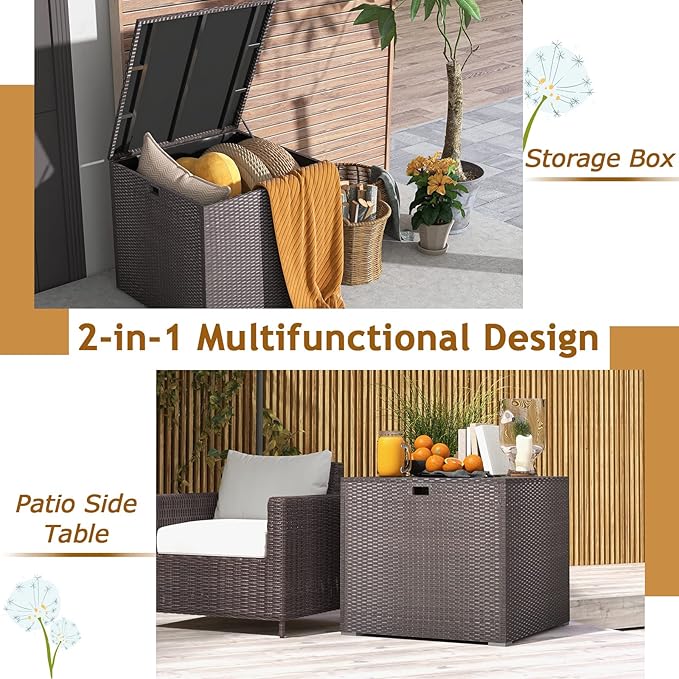 Tangkula 72 Gallon Square Deck Box, Patio Mix Brown Rattan Storage Container w/Zippered Liner & Solid Pneumatic Rod, Sturdy L-Shaped Aluminum Feet, Outdoor Wicker Deck Box for Front Porch, Backyard