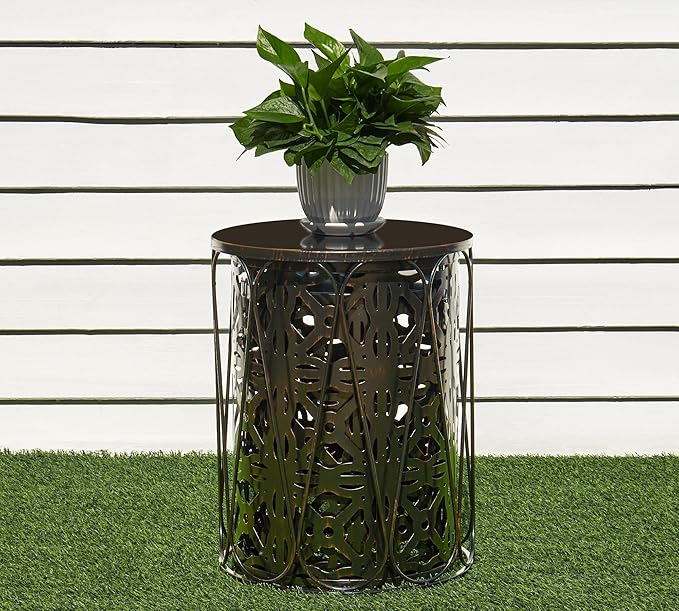 HFHOME Set of 3 Metal Outdoor Side Table, Nesting Round Coffee Table for Indoor Outdoor, Heavy Duty End Tables Plant Stand Living Room Garden Stool - Bronze