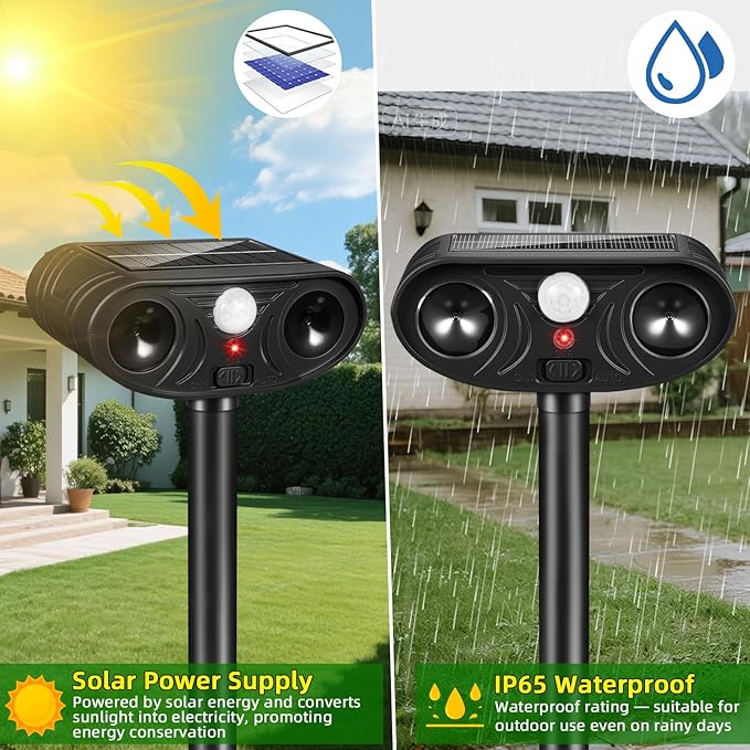 Solar Ultrasonic Animal Repellent Outdoor, Deer Repellent Devices, Waterproof Cat Rabbit Repeller with Motion Detection Flash Light to Deterrent Squirrel Dog Skunk Raccoon for Garden Yard Farm(4Pack)