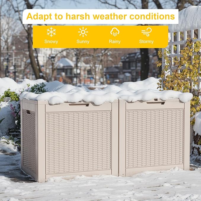 30 Gallon Wicker Pattern Resin Deck Box, Lockable Patio Outdoor Storage Box for Furniture, Garden Tools and Tools Storage, Waterproof Outside Storage Box - Grey Rattan