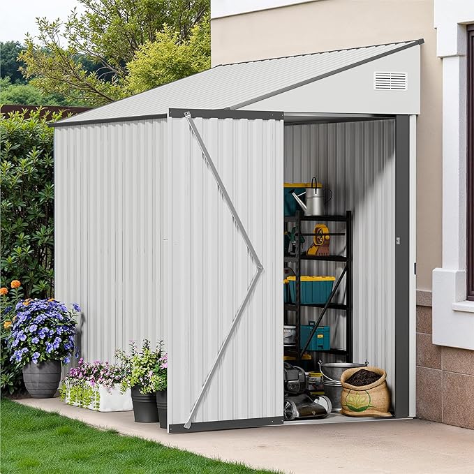 4x8 Lean to Metal Shed - White, Heavy-Duty Outdoor Storage for Bikes, Tools, Lawn Mowers & Firewood, Rust-Resistant Wall Side Design Sheds with Lockable Door, Waterproof Coating & Sloped Roof