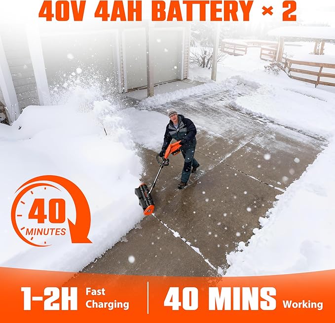 40V Cordless Snow Shovel, 13" Brushless Electric Snow Blower with Directional Plate, 2X 4.0 Ah Batteries & Quick Charger, Adjustable Front Handle & Deflector for Garden,Yard and Patio,Orange