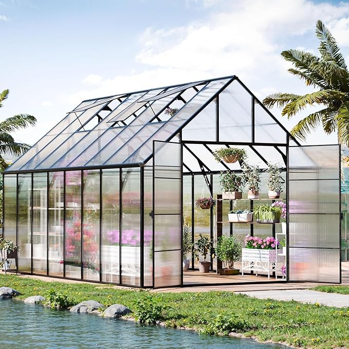 CDCASA 10x16x10 FT Greenhouse for Outdoors,Large Polycarbonate Greenhouse Aluminum Greenhouses w/3 Vents Window, Swing Door & Quickly T Connector Walk-in Green House for Outside, Backyard, Garden