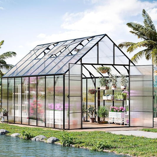 CDCASA 10x16x10 FT Greenhouse for Outdoors,Large Polycarbonate Greenhouse Aluminum Greenhouses w/3 Vents Window, Swing Door & Quickly T Connector Walk-in Green House for Outside, Backyard, Garden
