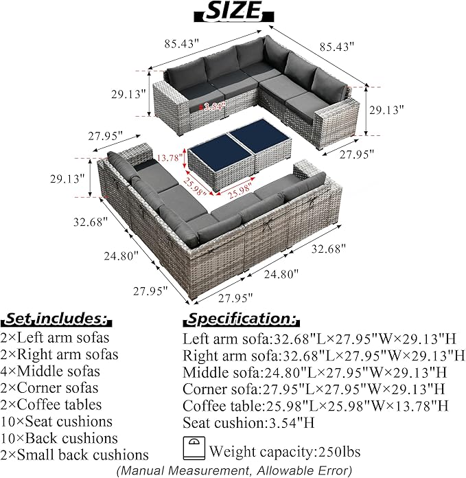 HOOOWOOO 12 Piece Modular Patio Outdoor Sectional Furniture Sofa Set,Wicker Conversation Set,Out Door Couch Set with Wide Arm for Outside All Weather(Black)