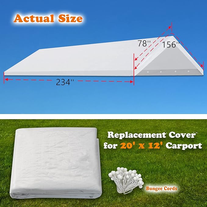 Strong Camel 10'x20' Carport Replacement Canopy Cover for Tent Top Garage Shelter Cover with Ball Bungees (Only Cover, Frame is not Includ (White, 12 x 20')
