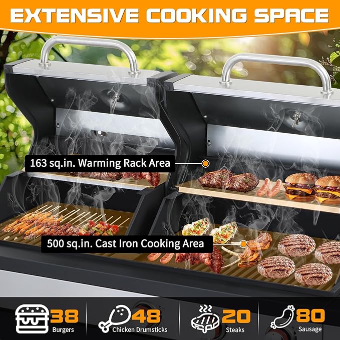 CIG GARDEN 3 Burner Propane Gas and Charcoal Grill Combo with Side Burner,Dual Fuel BBQ Grill with Cast Iron Griddle,41,500 BTU Output Perfect for Outdoor Cooking, Balcony, Backyard,Camping