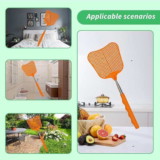 MYSTICHOME Fly Swatter 1 Pack, Durable Heavy Duty Plastic Fly Swatters, Stainless Steel Telescopic FlySwatter for Indoors/Outdoor/Kitchen/Garden (Orange)