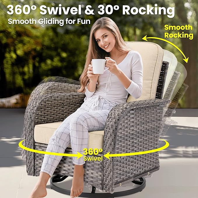 ovios 7 Pieces Patio Furniture Set, Outdoor Wicker Sofa Couch with Rocking Swivel Chairs Fire Pit Table, Modern Deep Seat Rattan Conversation Sets for Porch Deck, Beige