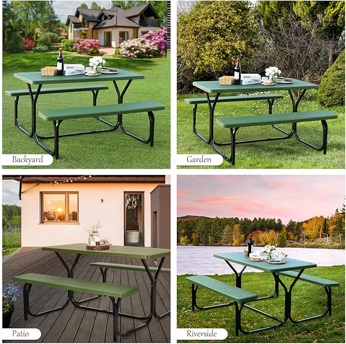 Giantex Picnic Table Bench Set Outdoor Camping All Weather Metal Base Yard Pool Dining Party Garden Patio Lawn Deck Large Camping Table (Green)