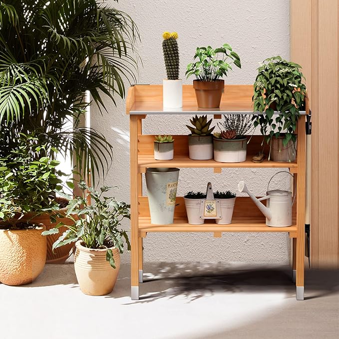 Giantex Garden Potting Bench, Outdoor Wood Workstation Table with Galvanized Steel Tabletop, 5 Hooks, 2-Tier Storage Shelves, Outside Work Station Potting Table with Raised Edge, Easy Assembly