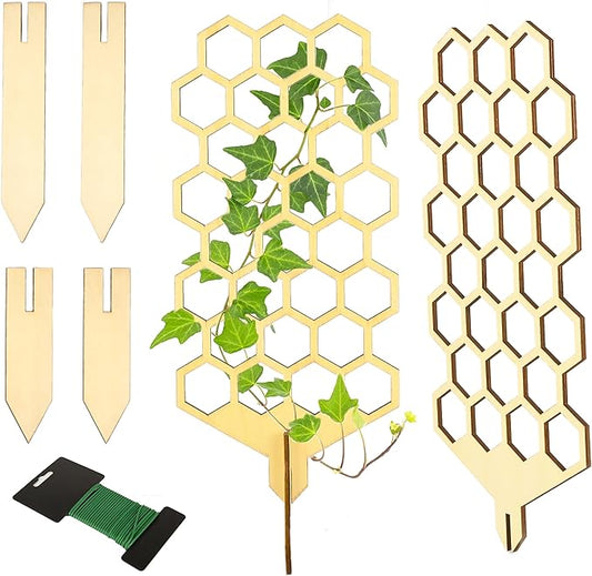Wood Trellis for Climbing Plants Indoor & Outdoor - 2 Pack 18" Modern Honeycomb Small Plant Trellis - Stabilizing Plant Support for Indoor Plants - Small Trellis for Potted Plants to Encourage Growth