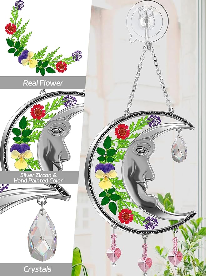 KY&BOSAM Crystal Sun Face Moon Suncatchers Gifts for Mom Family Friends Stained Glass for Windows Wind Chimes Real Flower Colorful Crystal Outdoor for Garden Indoor Home Trees Patio Yard Porch Decor