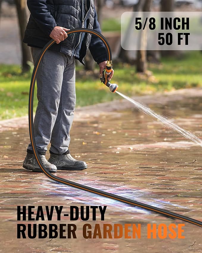 50FT x 5/8" Rubber Garden Hose, Heavy Duty Rubber Garden Water Hose, 300 PSI Working, 1000 PSI Burst, Swivel Handle with Stainless Steel Ring, 5-Layer Braided, All-Weather Outdoor Use