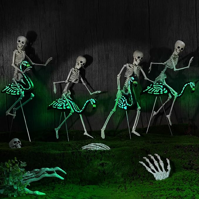 8 Pcs Halloween Skeleton Flamingo Decoration Outdoor Yard Ornament 15.7" Plastic Skeleton Decor with Posable Legs Flamingo Statue Decor for Yard Garden Lawn(Fluorescent,S,Stylish)