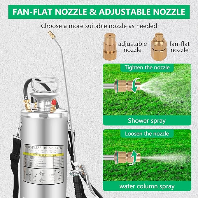 2 Gallon Stainless Steel Pump Sprayer - Hand Pump Sprayer with Pressure Gauge, Safety Valve&Adjustable Nozzle and Flat Nozzle, Garden Weed Sprayer with 20’’ Wand & 3FT Hose, Non-Corrosive Viton Seals