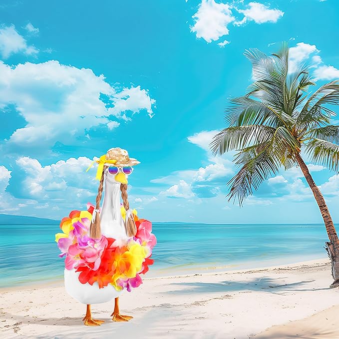 DECOHS 4 Pcs/Set Hawaiian Porch Goose Outfits, Summer Lawn Goose Statue Clothes Costume, 23"/ 17" Patio Goose Decor Hawaiian Wreath Straw Hat with Glasses Wig for Luau Party Outdoor Garden Yard Decor