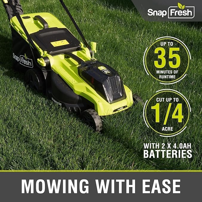SnapFresh Electric Lawn Mower Cordless - 40V (2 x 20V) 16” Brushless Push Lawn Mowers with 4.0Ah Battery x 2 and Fast Charger Included - Battery Operated Lawn Mower with Bagger