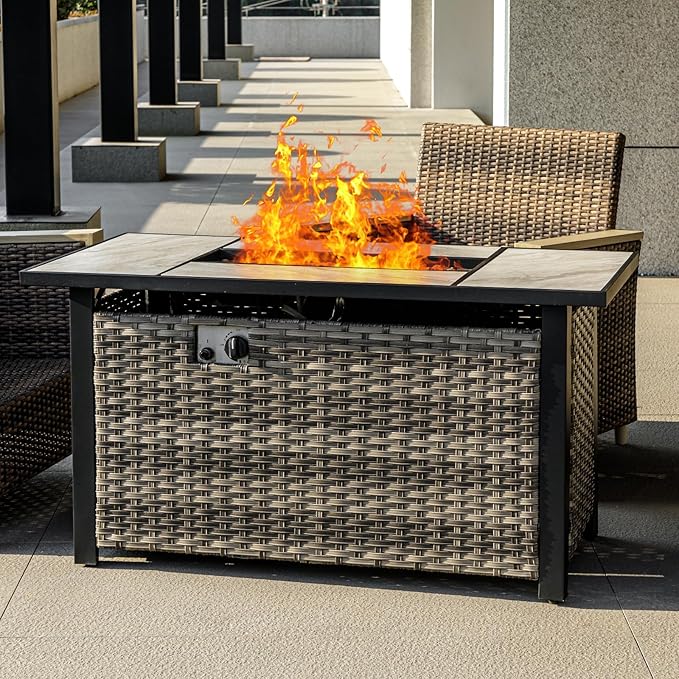 47" Propane Fire Pit Table with Real Ceramic Tabletop & Ratten Side Panel, 50000 BTU Gas Firepit Table with Lid & Glass Rock, Outdoor Fire Pit for Dining or Party, Firepit for Outside, Patio