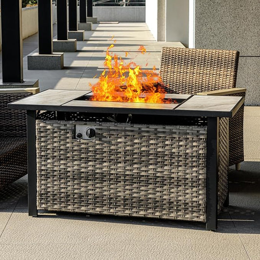47" Propane Fire Pit Table with Real Ceramic Tabletop & Ratten Side Panel, 50000 BTU Gas Firepit Table with Lid & Glass Rock, Outdoor Fire Pit for Dining or Party, Firepit for Outside, Patio