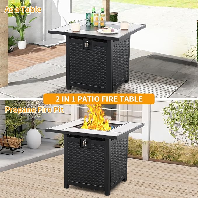 30 Inch Fire Tables 50000 BTU Outdoor Fire Pits for Outside Steel Gas Fire Table with Fire Pit Lid Wooden Marble Tabletop and Waterproof Cover