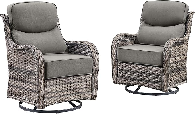 Outdoor Patio Swivel Rocker Chairs Set of 2, Waterproof Wicker, High Back, Deep Seating, Wide Armrest, Upgraded 6 inch Thick Cushions, Ideal for Deck Porch Backyard, Mixed Grey-Grey