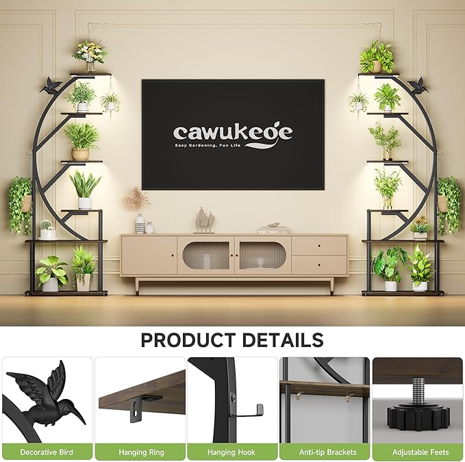 Plant Stand Indoor with Grow Lights, 62" Metal Plant Stand for Indoor Plants, 6 Tiered Tall Plant Shelf with Magnetic Cable Organizers and Decorative Bird, 2 Pcs Plant Holder for Patio, Living Room