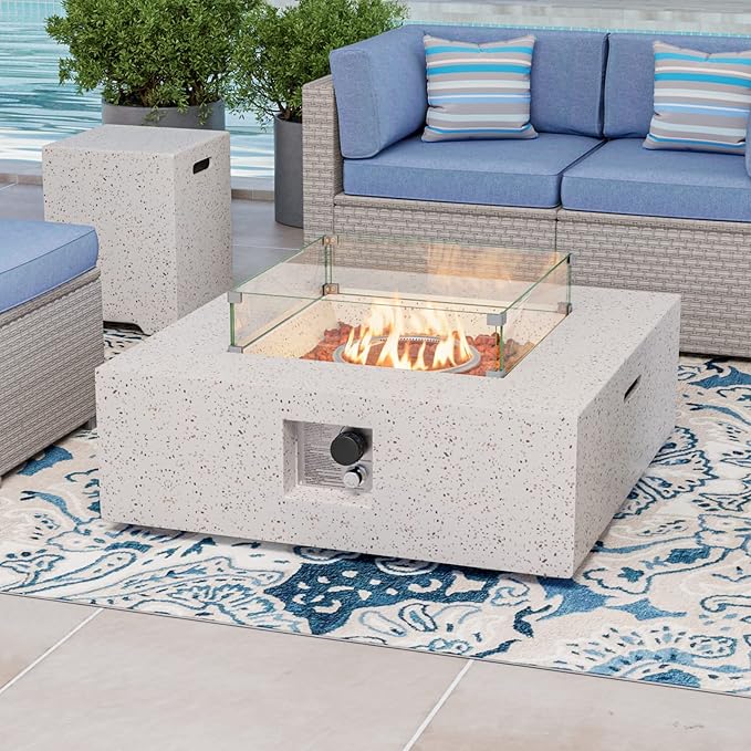 COSIEST 35-inch Square Outdoor Sandstone Propane Fire Pit w Wind Guard and Side Table, CSA Certified, 50,000 BTU Stainless Steel Burner, Free Lava Rocks and Rain Cover, Metal Lid(Beige)