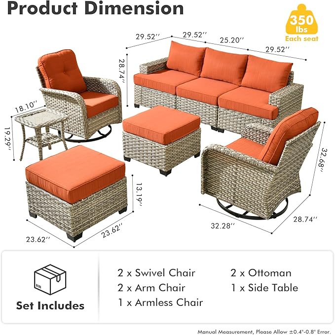 HOOOWOOO Outdoor Sectional Patio Furniture Set,8 Pieces Wicker Conversation Sets,Extra Deep Out Door Sofa Outside Furniture Couch with Swivel Chairs Ottoman,Brick Red