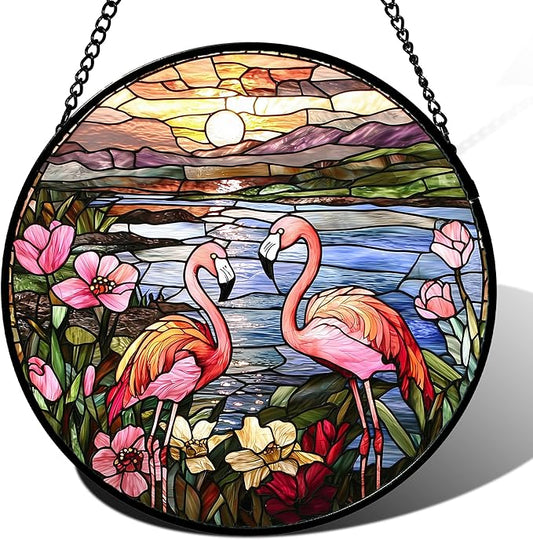 Stained Glass Window Hanging - Flamingo Wildflowers Landscape Suncatcher for Door Terrace Garden Home Decor Sunset Lake Sun Catcher Birthday Gifts for Lovers Women Men Dad Mom Nana 9.8 in