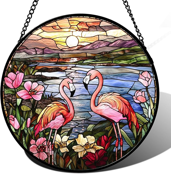 Stained Glass Window Hanging - Flamingo Wildflowers Landscape Suncatcher for Door Terrace Garden Home Decor Sunset Lake Sun Catcher Birthday Gifts for Lovers Women Men Dad Mom Nana 15 in