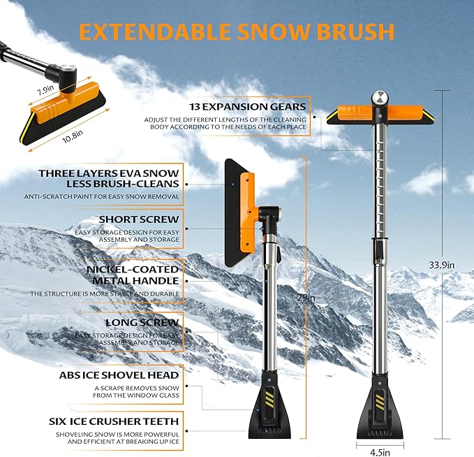 helloleiboo 39.4" Ice Scrapers for Car Windshield Extendable Snow Brush for Car 12 Adjustable Length Settings with 360° Pivoting Brush Head Snow Removal Tools Snow Brush and Ice Scraper for Truck SUV