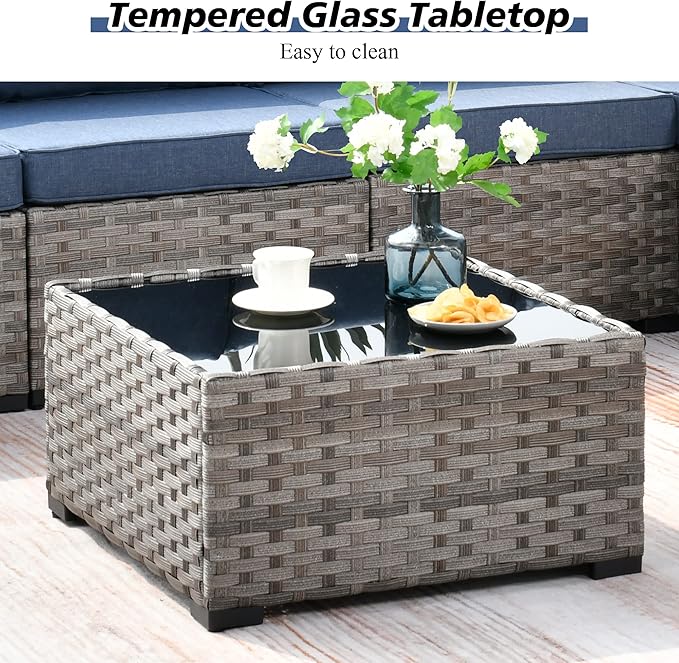 HOOOWOOO 13 Piece Modular Patio Outdoor Sectional Furniture Set with Gas Propane Fire Pit Table,Wicker Conversation Sofa Set,Out Door Couch Set with Wide Arm Outside(Denim Blue)