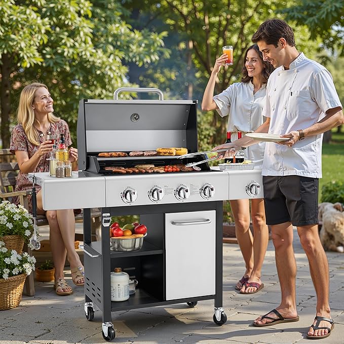 5-Burner Propane BBQ Grill with Side Burner, Each Main Burner 10,000 BTU, 50,000 BTU Total, Stainless Steel Outdoor Gas Grill, Porcelain Cast Iron Grates, Lockable Wheels for Backyard & Patio